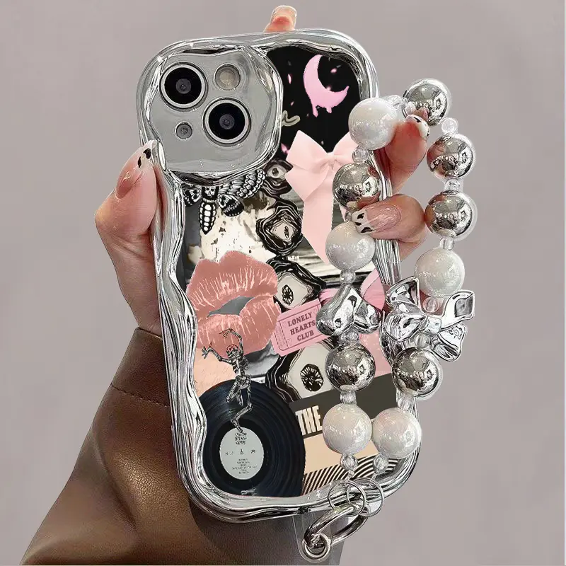 Electroplated Silver Curved Edge Pattern TPU Smartphone Case with Pearl Bracelet Strap, Shockproof, Durable, Unique, Thick, Compatible with iPhone 11-16 Pro/Pro Max/Plus, Cellphone Aesthetic Accessories, Casing