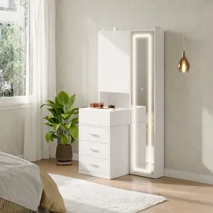 FUFU&GAGA Makeup Vanity Desk with Mirror Dressing Table 3 Drawers Door Sliding Tabletop Storage Shelves  Lighting White