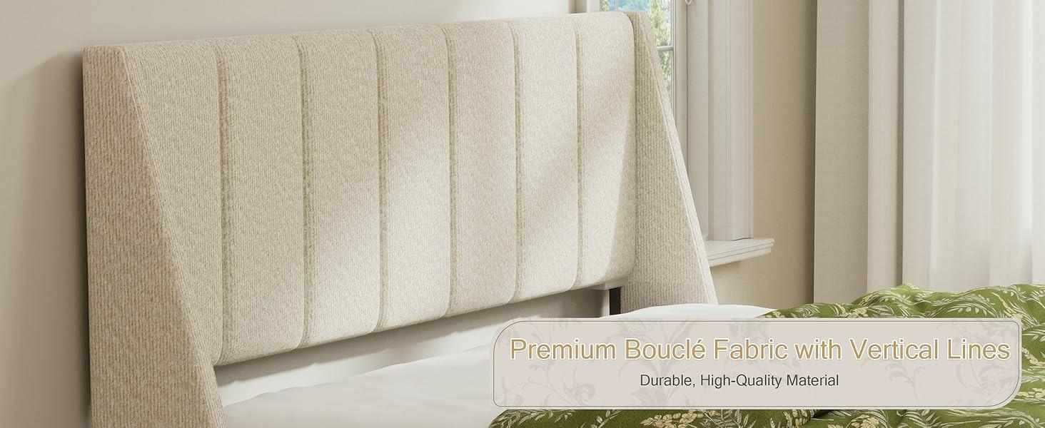 Yechen Boucle Wingback Full Bed Frame, Ivory Upholstered Platform Bed with Enclosed Footboard | Vertical Channel Tufting | Easy Assembly & Noise-Free | No Box Spring Needed