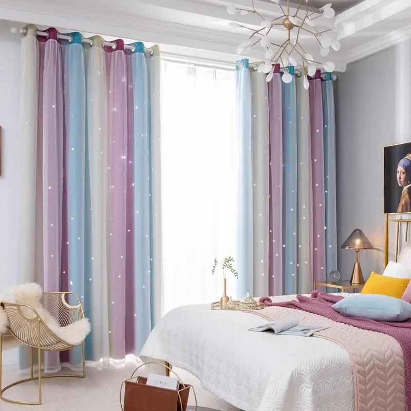 Gradient Color Curtain, 2 Counts Star Pattern Blackout Curtain, Curtain For Windows for Home Living Room Bedroom, Home Decor, Home Decoration Curtain