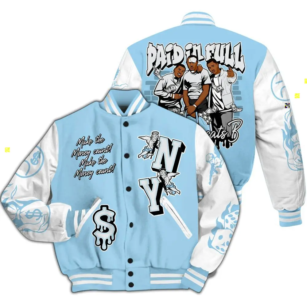 Varsity Jacket To Match Legend Blue 11s - Paid In Full Money All Over Print, Varsity Baseball Jacket, Classic Sport Jacket, Trendy Streetwear Style