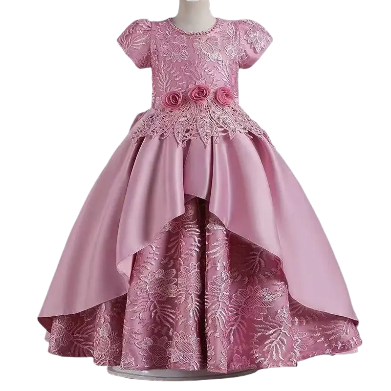 Girls' 3D Flower Lace Tulle Ball Gown, a Maxi Length Princess Dress for Weddings, Pageants, and First Communion, Drop Shoulder, Tutu Silhouette, Princess Look, Embroidery, Floral, 7-8Y