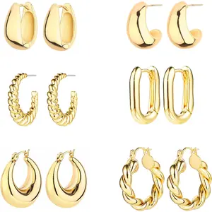 14K Gold Hoop Earrings for Women Lightweight Chunky Hoop Earrings - Hypoallergenic (6 Pairs) ALLHOLA
