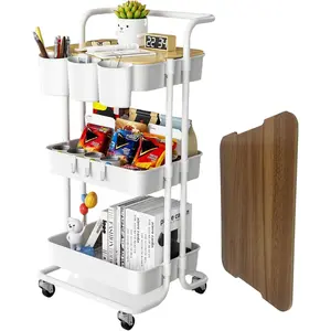 3 Tier Rolling Cart with Metal Handle, Table Top, Hanging Cups, Hooks, Plastic Storage Baskets& Wheels Lockable, Utility Cart for Bathroom Classroom Office Kitchen Pantry Organizers and Storage, White