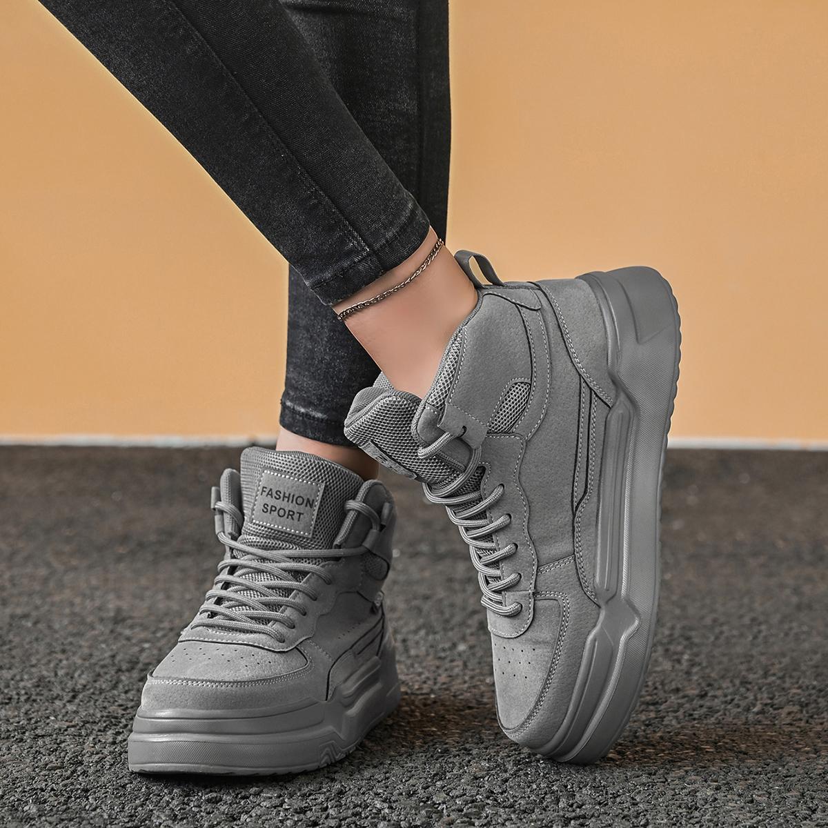 Women’s high-top sneakers, gray suede-texture platform shoes, casual platform shoes, fashionable workwear boots, height-boosting shoes, breathable and comfortable women’s shoes, street style, versatile everyday shoes