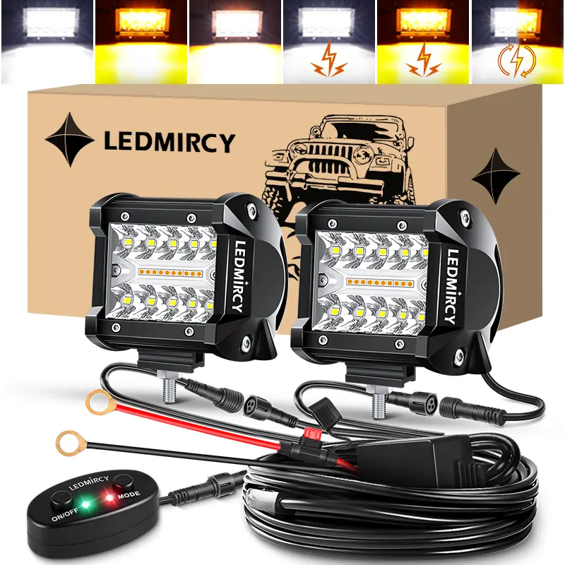 LEDMIRCY 4-Inch LED Light Bar 2PCS 6 Modes Memory Function & White & Amber Strobe Lights, with Wiring Harness Kit Auxiliary Flashing Fog Light IP68 Waterproof Off-Road Lights for Trucks SUV ATV UTV Van Boat