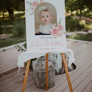 Editable 1st Birthday girl welcome sign with photo boho blush pink floral first birthday girl welcome poster birthday party decor C371