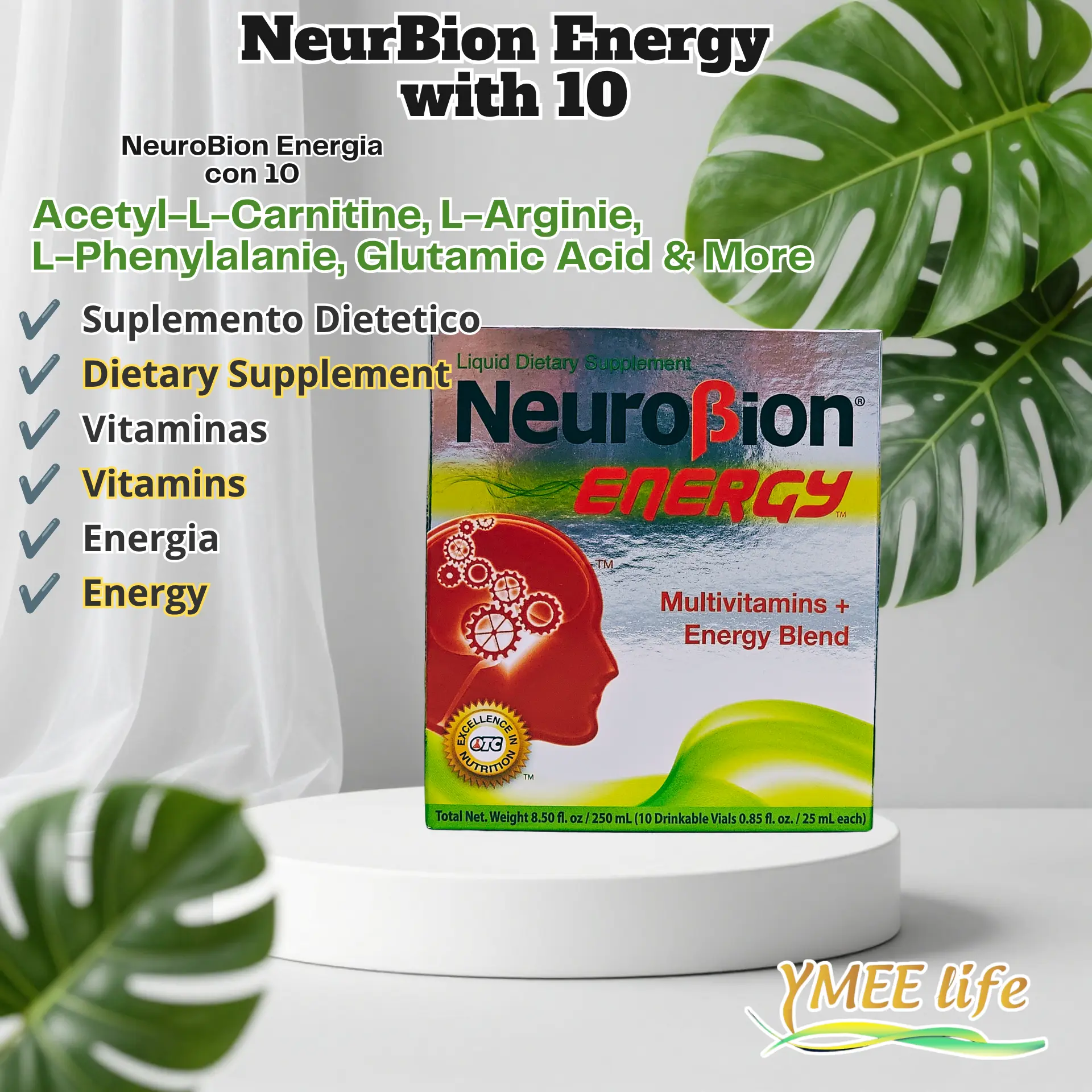 NeuroBion Energy Liquid Multivitamin Supplement - Natural, Fitness & Healthcare Support - 10 Drinkable Vials with Tea Complement