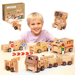 Notchies Blocks Wooden Train Set 101 PCS Create 40+ Shapes,Wooden Toys Educational Wooden Building Blocks Wooden Puzzles for Kids Ages 4-8 Boys and Girls,Truck/Excavator,FSC Certified