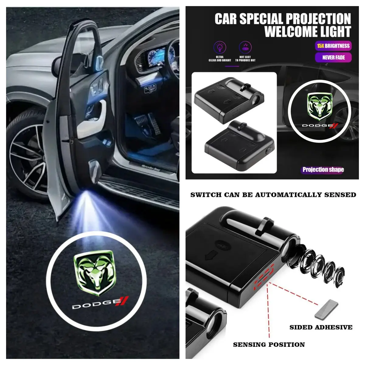 4-Pack Dodge Logo Car Door LED Welcome Projector Lights, Compatible with Dodge Charger/Challenger/Ram Series Vehicles, Peel-and-Stick Non-Destructive Drill-Free Waterproof Courtesy Lights, Projection Shape, Led Step Lights, Car Decorative Light