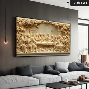 Wooden Framed Canvas Painting1 Modern Abstract Last Supper canvas Wall Art - High-quality embossed sculpture printing, gold and black religious art, Wrapped in canvas