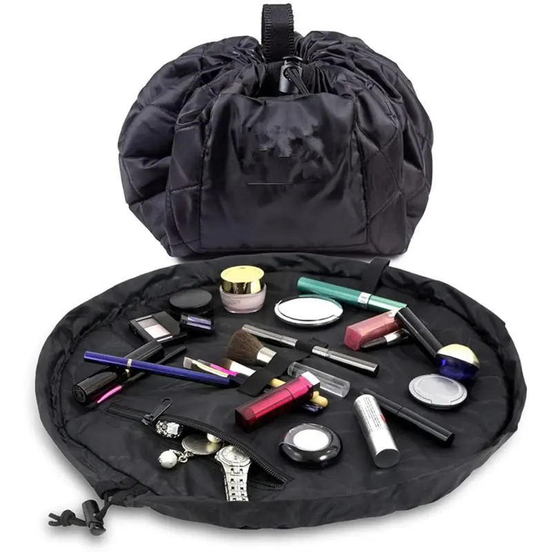 Lay Flat Drawstring Makeup Organizer Bag, Portable Travel Toiletry Bag with Zipper Pocket & Makeup Brush Loops, Durable & Machine Washable