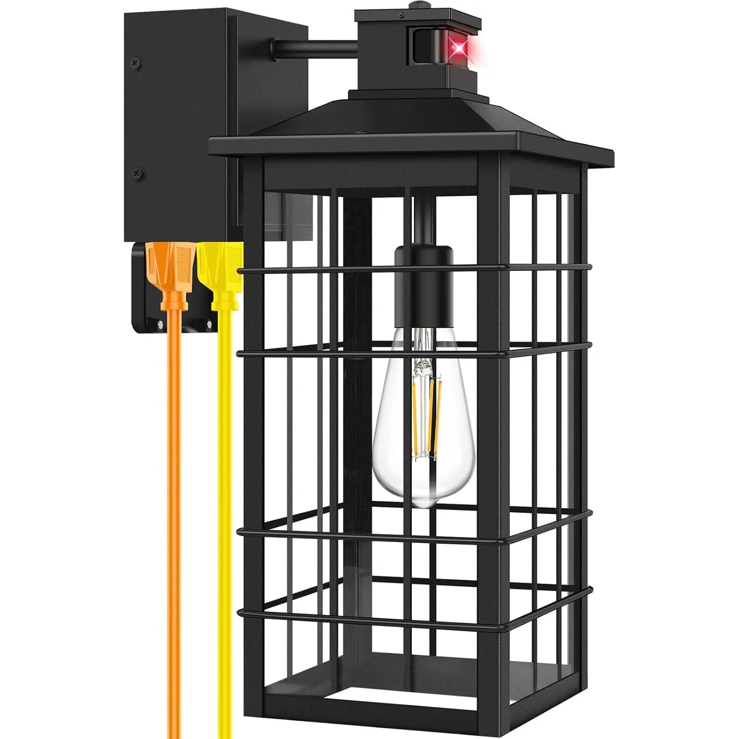 18in Large Motion Sensor Porch Lantern with GFCI Outlets - Black Dusk-to-Dawn Outdoor Wall Fixture, 3-Mode Waterproof Exterior Sconce, Outdoor Security Lights for House Exteriors