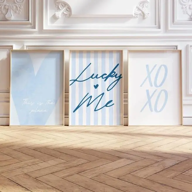 Set Of 3 Prints, Blue Matchbox Art Prints, Lucky You, Ace of Hearts Poster, Retro Wall Decor