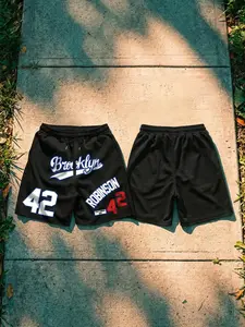 Men's Brooklyn Robinson 42 Mesh Casual Shorts | Retro Baseball Graphic | Breathable Mesh Fabric | Elastic Drawstring Waist | Perfect for Streetwear, Gym & Summer Outings | Black NYC Essential