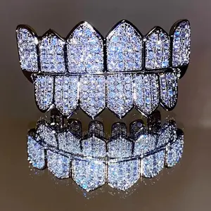 Fang Frenzy: 18K Silver Plated CZ Vampire Teeth Grills - Halloween & Hip Hop Bling Accessory diamond grillz Oral