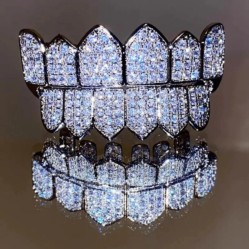 Fang Frenzy: 18K Silver Plated CZ Vampire Teeth Grills - Halloween & Hip Hop Bling Accessory diamond grillz Oral