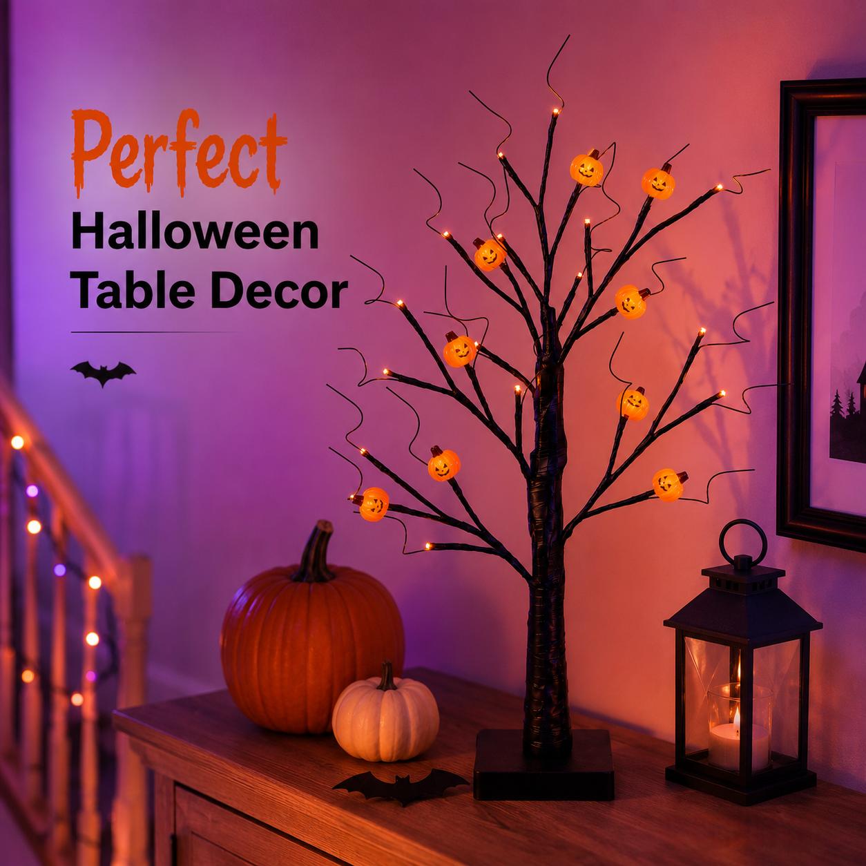 2-Piece Set, Halloween Tree Lights, 24-inch, Orange and Purple Glow, 24 LEDs, USB + Battery Powered, Halloween Decor, Suitable for Indoor Home Haunted Rooms, Fireplaces, Entryways, TV Console Decor