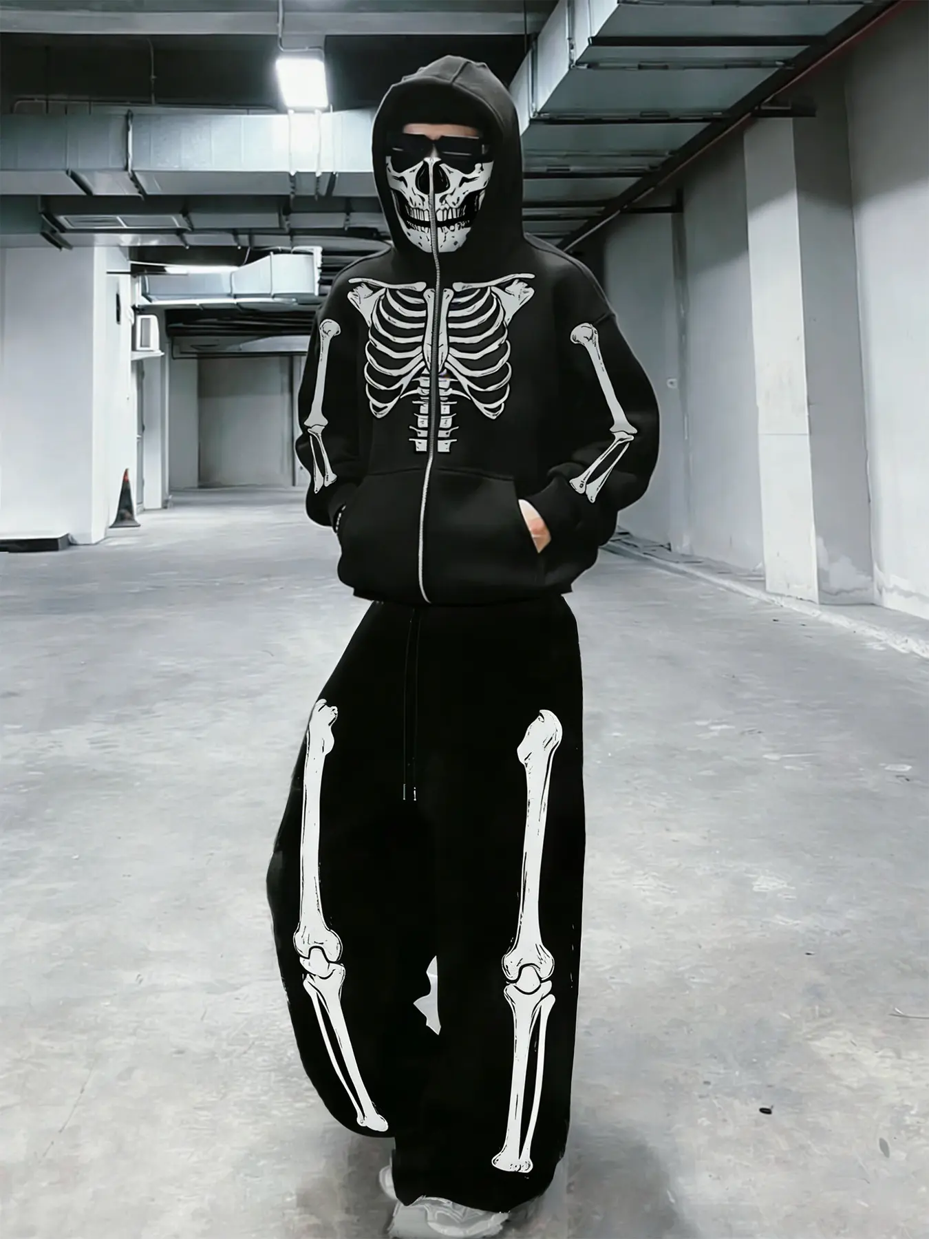 Unisex Street Style Skeleton Graphic Print Hoodie Set, Fitted Zipper Jacket & Wide Leg Pants, Dark Casual for Motorcycle Travel, Streetwear Set