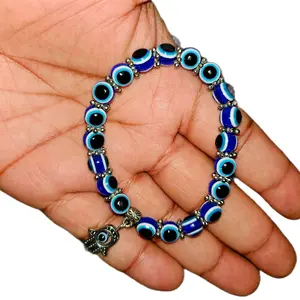 Ken Authentics Evil Eye Crystal Bracelet with Blue and Black Beads & Hamsa Hand Charm for Stylish Protection
