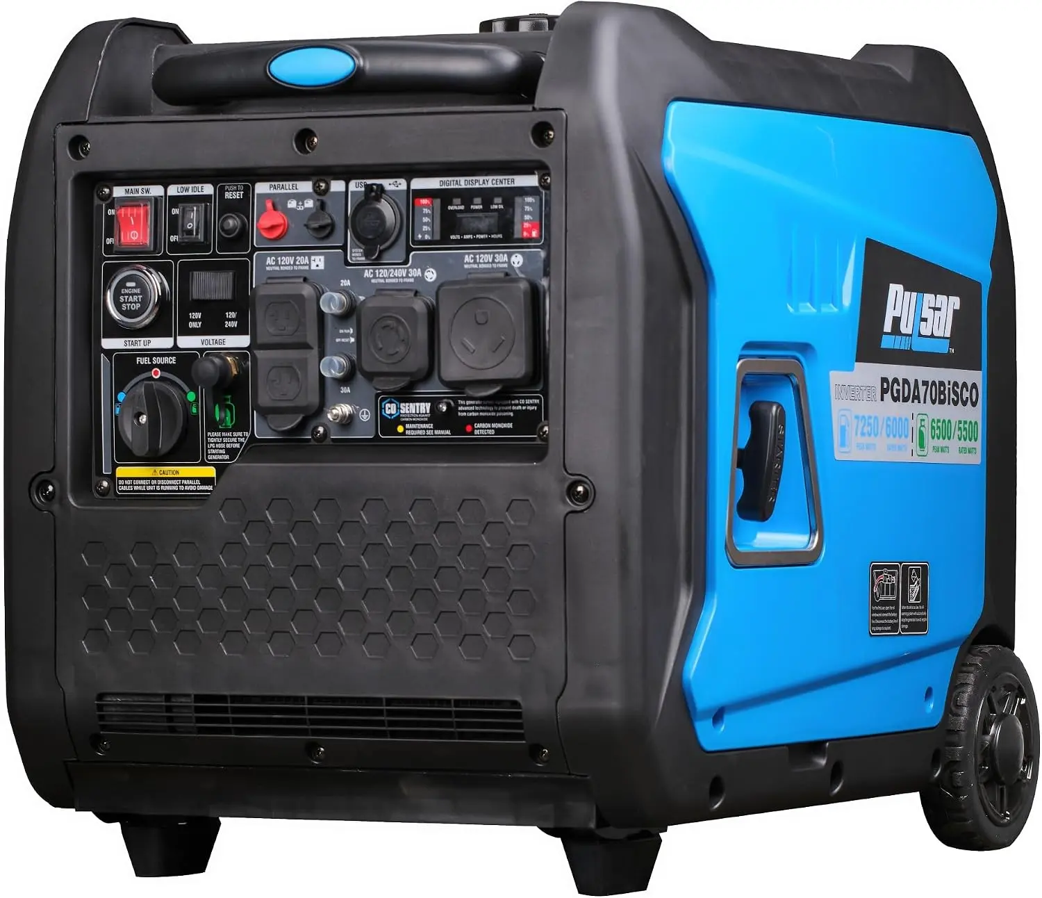 Pulsar 7,250-Watt Super Quiet Dual Fuel Inverter Generator with Remote Start | 6000 running watts gas, 5500 propane, 312cc OHV engine, 120V/240V output, TT-30 RV and L14-30R outlets, USB A and C ports