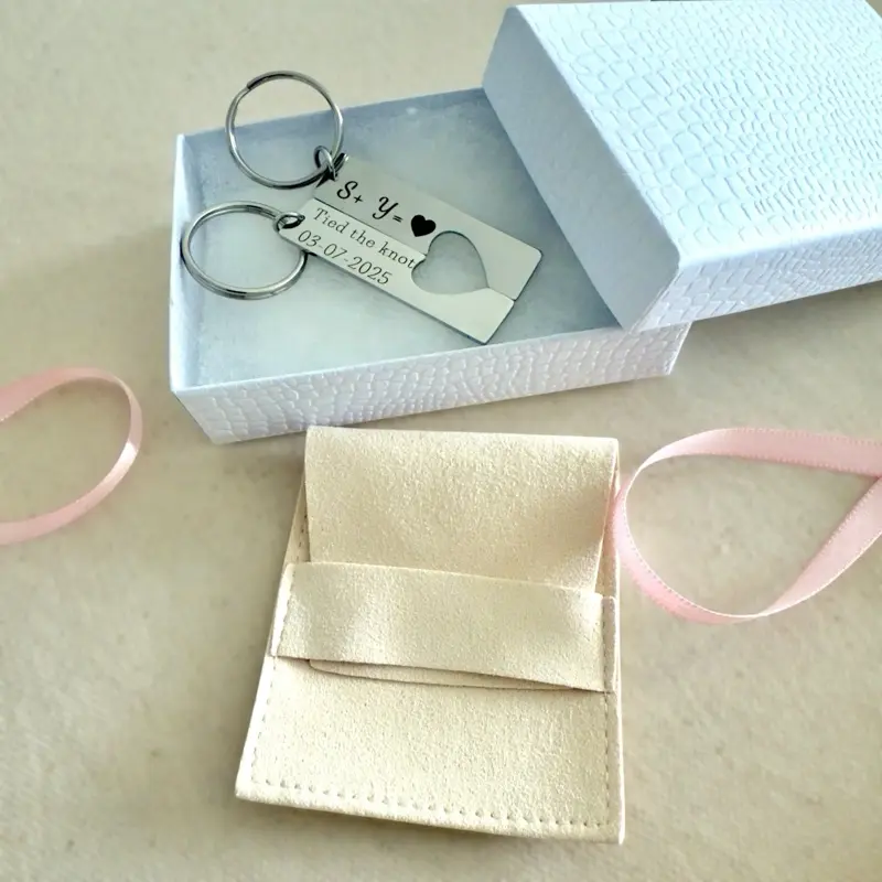 Couple Keychain Set - Matching Heart Design with Custom Text & Date Personalized Gift in Elegant Box