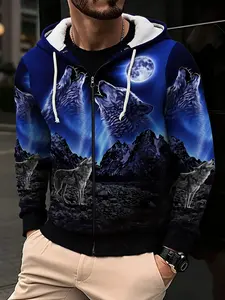 Men's casual hooded jacket - Full-body Wolf 3D printing Everyday Outfits, knitted polyester fiber, long-sleeved zipper front, machine washable, regular style with pockets and drawstring design, suitable for autumn