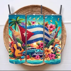 Cuban Tumbler with Tropical Design Featuring Guitar, Classic Car, and Cuban Flag 20 oz