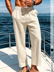 1 Pc Men's Beige Linen Drawstring Waist Straight Leg Pants, Breathable Casual Trousers For Men Summer Holiday & Daily Outfits