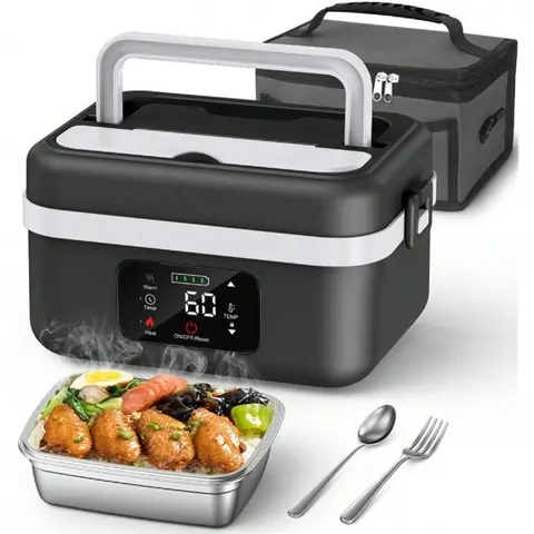 Cordless Heated Insulated Lunchbox - 1L Leakproof Electric Food Warmer, 8000mAh Rechargeable Battery, Automatic Heating, Timer, Insulated Bag, Tableware with Fork, Reusable 1L Container for Camping, Office Trips (Adults)