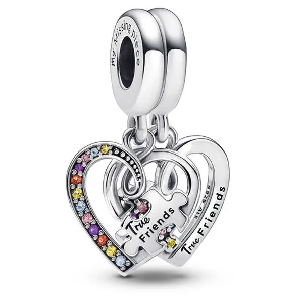 PANDORA Puzzle Piece Hearts Splittable Friendship Dangle Charm in Sterling Silver with Colorful Stones, Cutout Heart & Engraved Bail