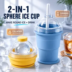 2-in-1 Sphere Ice Mold Cup, Portable Ice Ball Maker, Make Perfect Round Ice Cubes for Whiskey, Cocktails & Cold Drinks