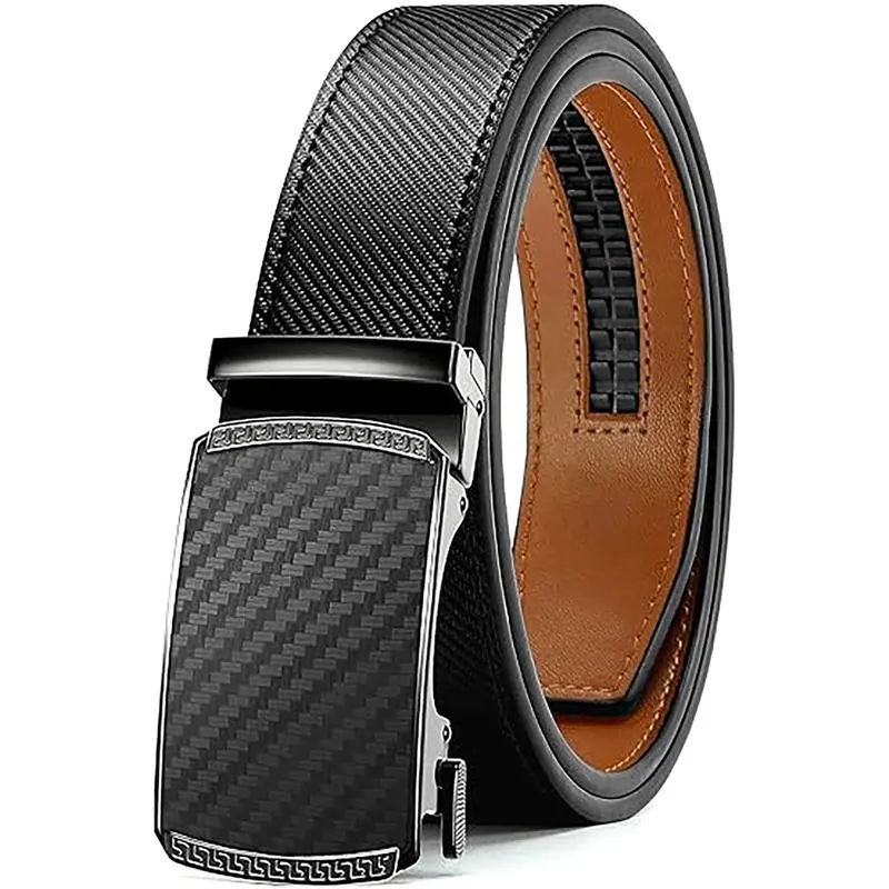 Men's Trimmable Size Genuine Split Leather Belt, Ratchet Buckle Automatic No-Hole Adjustable Belt for Casual, Business Wear