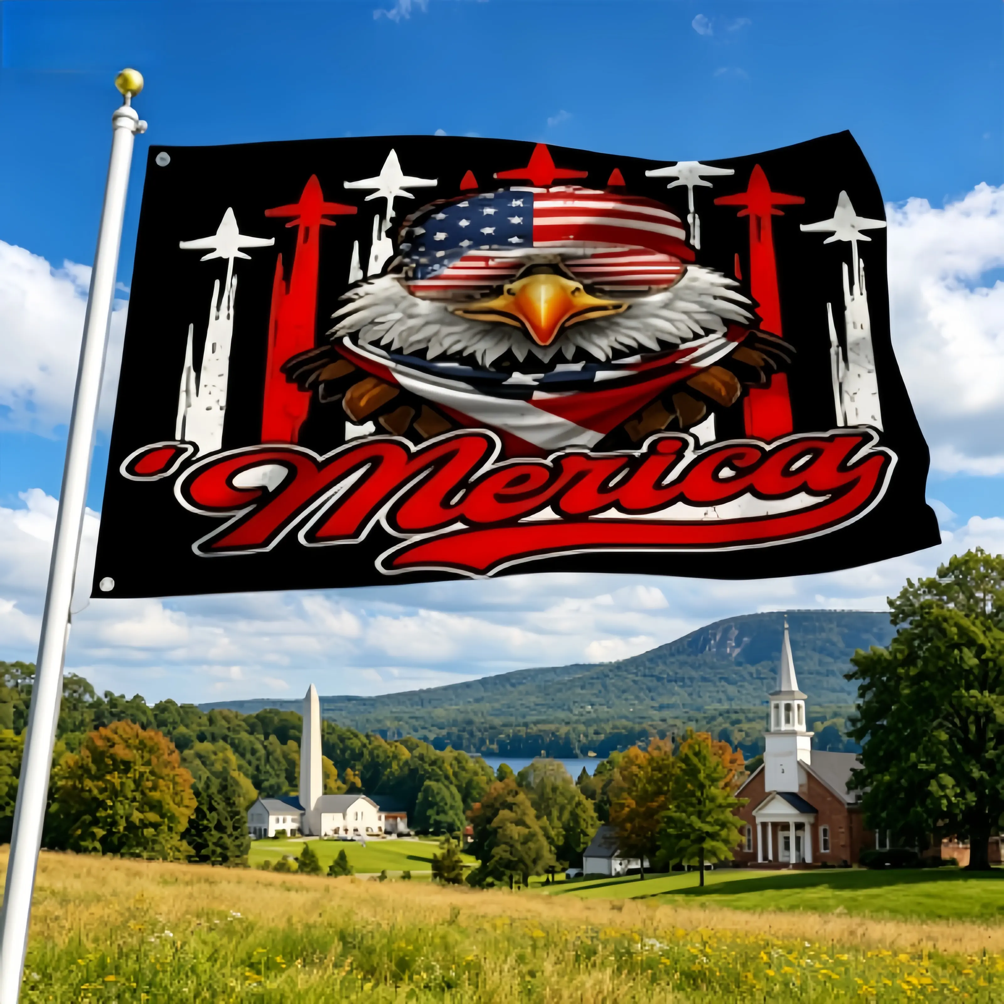 3x5 Ft ’Merica Bald Eagle Patriotic Flag, Cool USA Eagle with Flag   Sunglasses & Jet Plane Graphic, Heavy‑Duty Fade‑Resistant Polyester Flag for 4th of July, Yard Garden Indoor Outdoor Decor