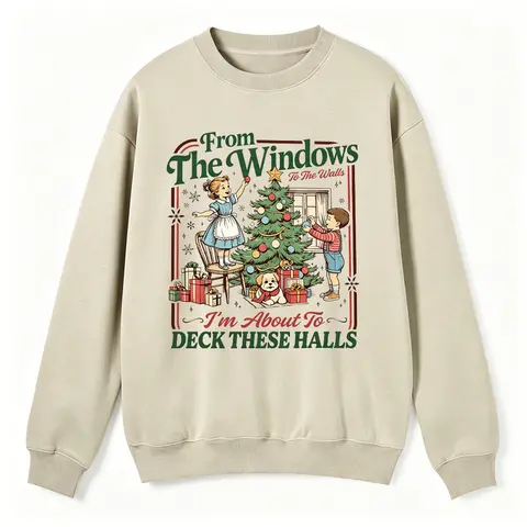 Women Oversized Crewneck Sweatshirt, From The Windows To The Walls I’m About To Deck These Halls Retro Christmas Graphic Pullover, Vintage Holiday Casual Fall Winter Top