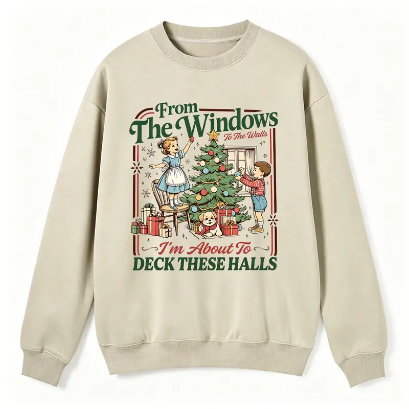 Women Oversized Crewneck Sweatshirt, From The Windows To The Walls I’m About To Deck These Halls Retro Christmas Graphic Pullover, Vintage Holiday Casual Fall Winter Top