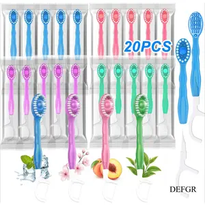 DEFGR 20 Pack 5-in-1 Disposable Toothbrushes with Toothpaste, Travel Toothbrush Set with Floss, Pick & Tongue Scraper, Individually Wrapped Mini Toothbrush for Adults, Work Camping - Mixed Flavor