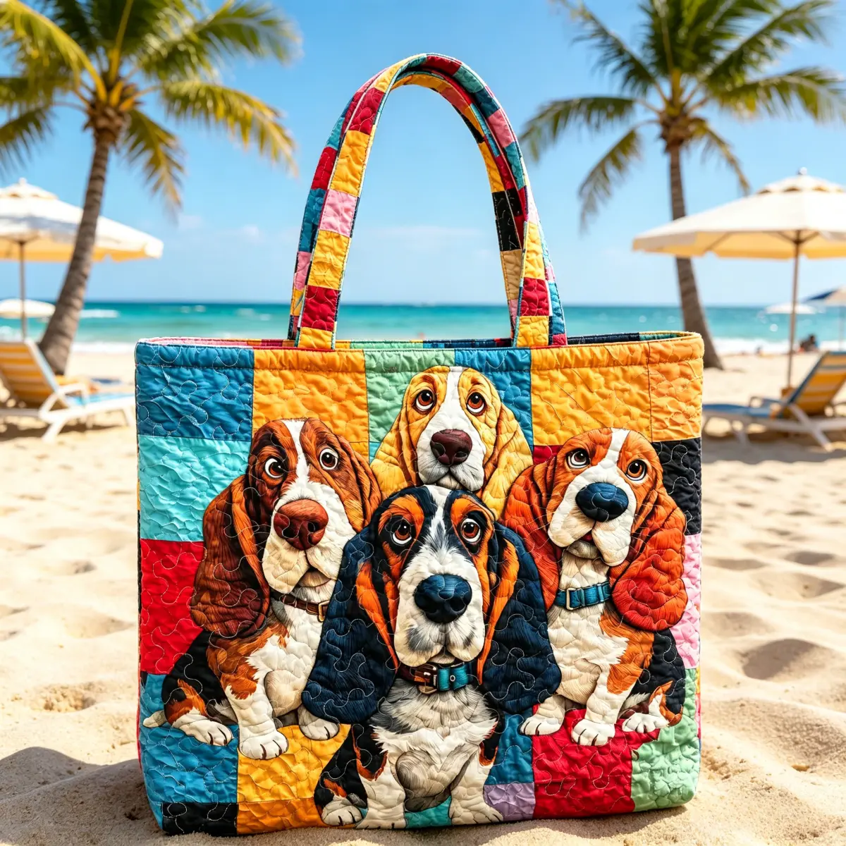 Colorful Basset Hound Quilted Tote Bag, Large-Capacity Dog Lover Gym Shoulder Bag with Inner Zipper Pocket