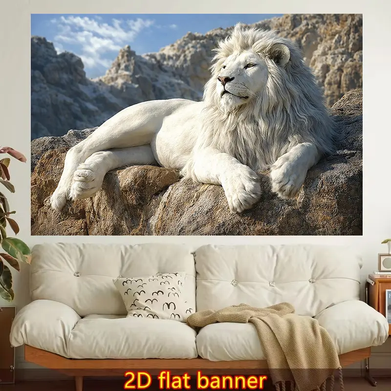 2D Flat, 1pc Stylish 2D Flat Printed Wall Tapestry, White Lion, Rocky Terrain, Majestic Pose.Colorful Aesthetics, Suitable for Bedroom, Living Room, Office, Home Decoration, or Meditation Area/room Decoration/party Decoration, Party Planning
