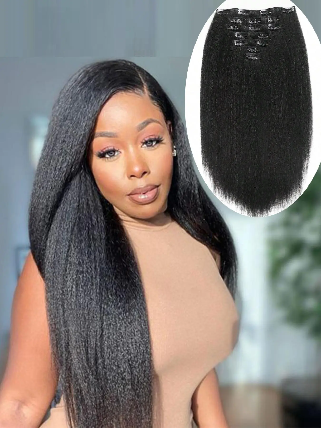 Kinky Straight Clip in Hair Extensions, Black Gorgeous Fluffy Hair Extensions, Synthetic Hair Extensions for Party & Daily Use, Artificial Hair Extension, Kinky Straight Yaki, Fluffy Hair Pieces