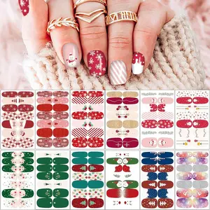 12 Sheets Christmas Nail Wraps Full Stickers Nail Polish Strips, DIY Self-Adhesive Nail Art Glitter Decals Santa Claus Xmas Hat Reindeer Snow Pattern Party Decor with 2 Pcs Nail Files (168 Pieces)