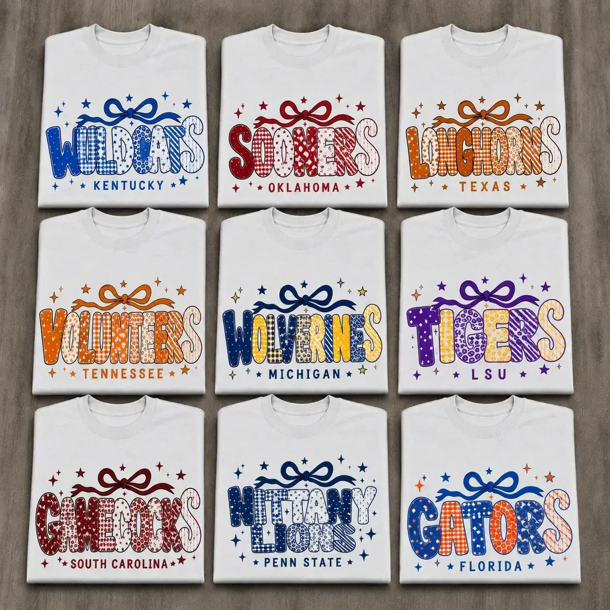 [Free Ship] All Team College Game Day Unisex T Shirt, Vintage Varsity Bow Graphic Tee, Retro Preppy Aesthetic Soft Cotton Oversized Casual Shirt, Football Fan Inspired Streetwear Gift for Women Men