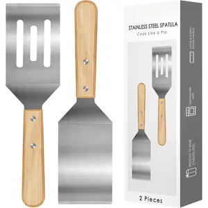 2 count Stainless Steel Spatula Set,Metal Spatula for Cast Iron Skillet,Metal Spatula for Cooking with Wooden Handle,Metal Spatulas for kitchen use for Pancakes,Frying steak,Burger and Desserts