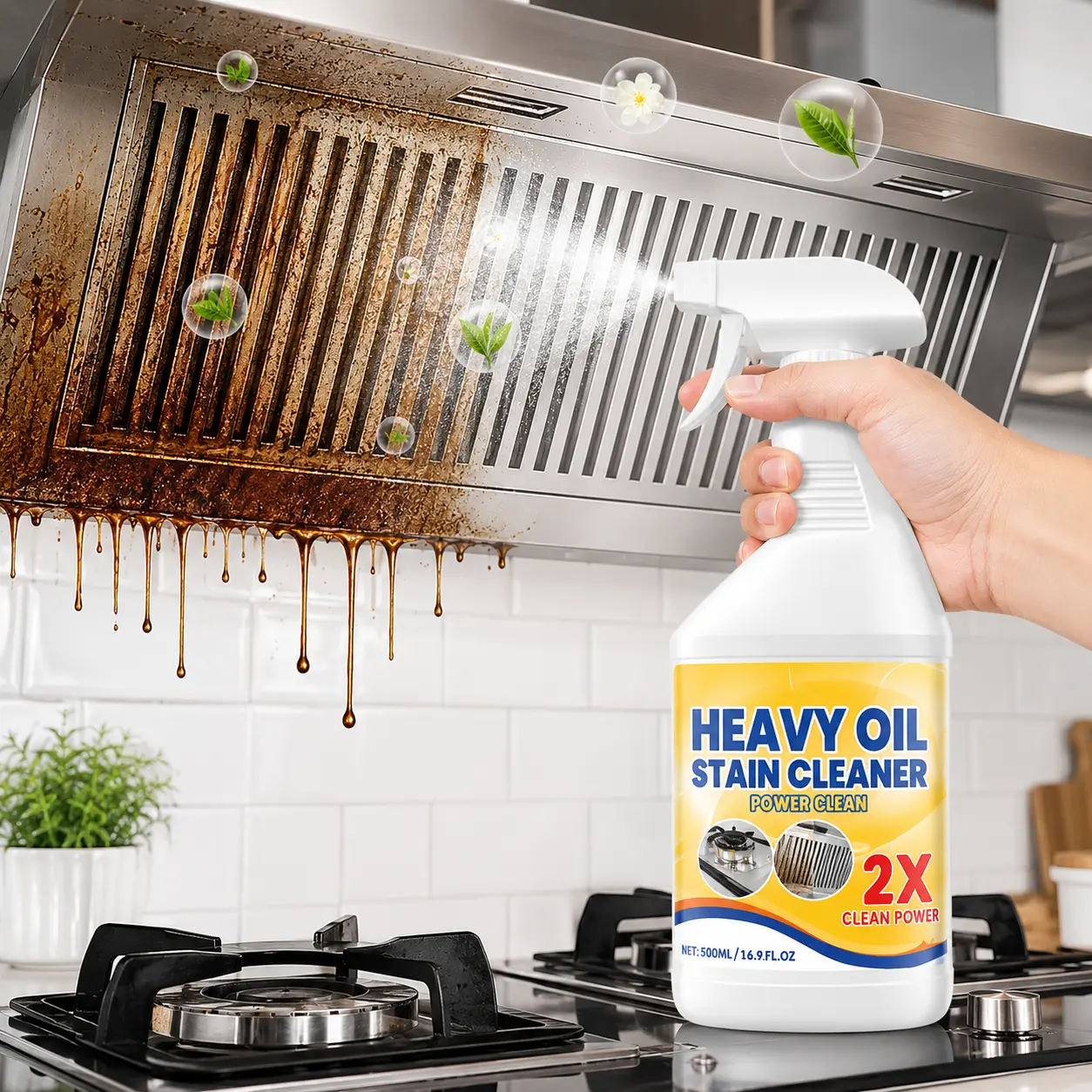 Heavy Duty Multi Purpose Cleaner Spray with Nozzle and Cleaning Towel Kitchen Cleaner Degreaser Grease Remover for Oil Stains Oven Stove Range Hood Sink Countertop and Household Surfaces