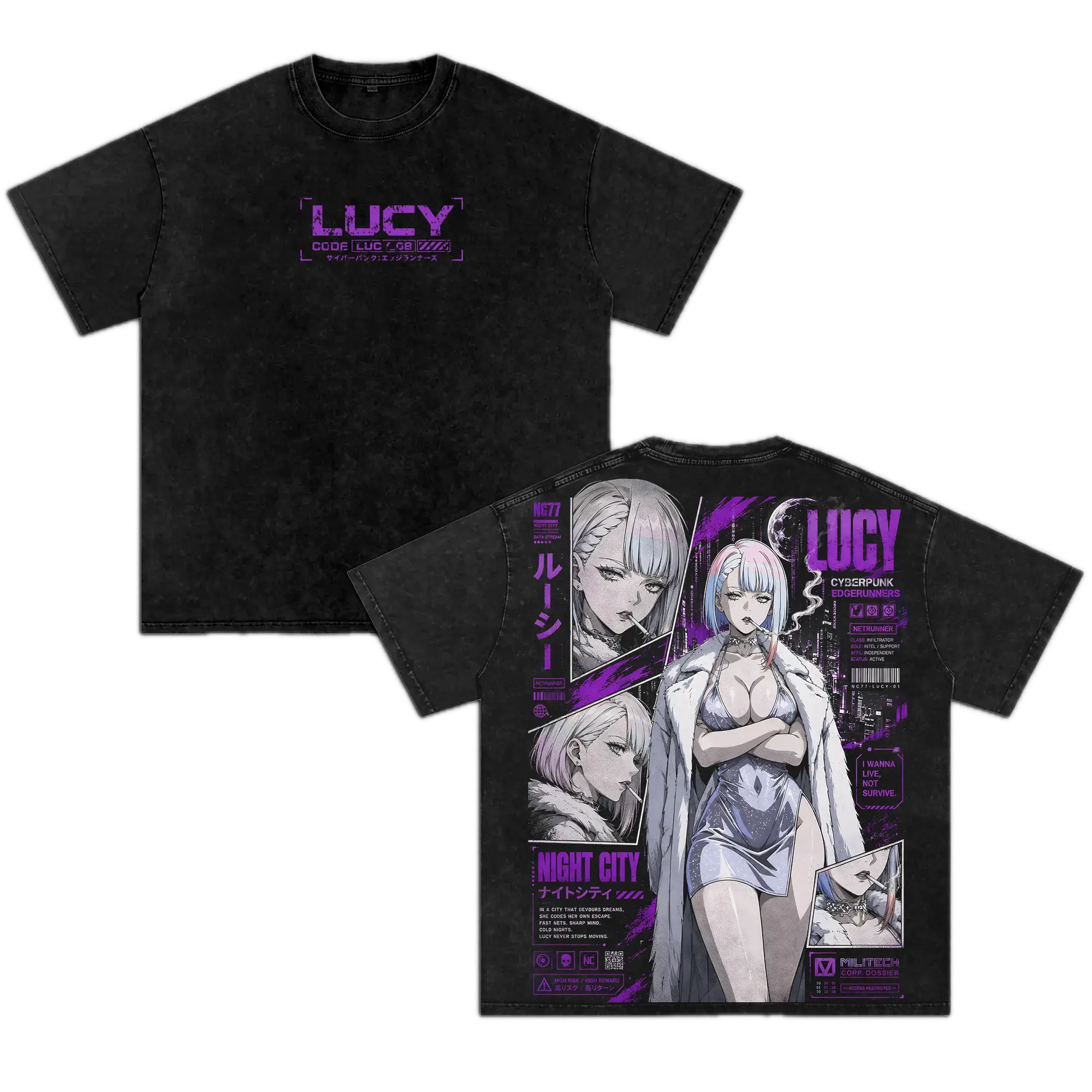Lucy Cyberpunk Edgerunners Graphic Tee Vintage Washed Shirt Unisex Streetwear Anime Merch Netrunner Tee Night City T-Shirt Gift for Anime Lovers Cyberpunk Fans