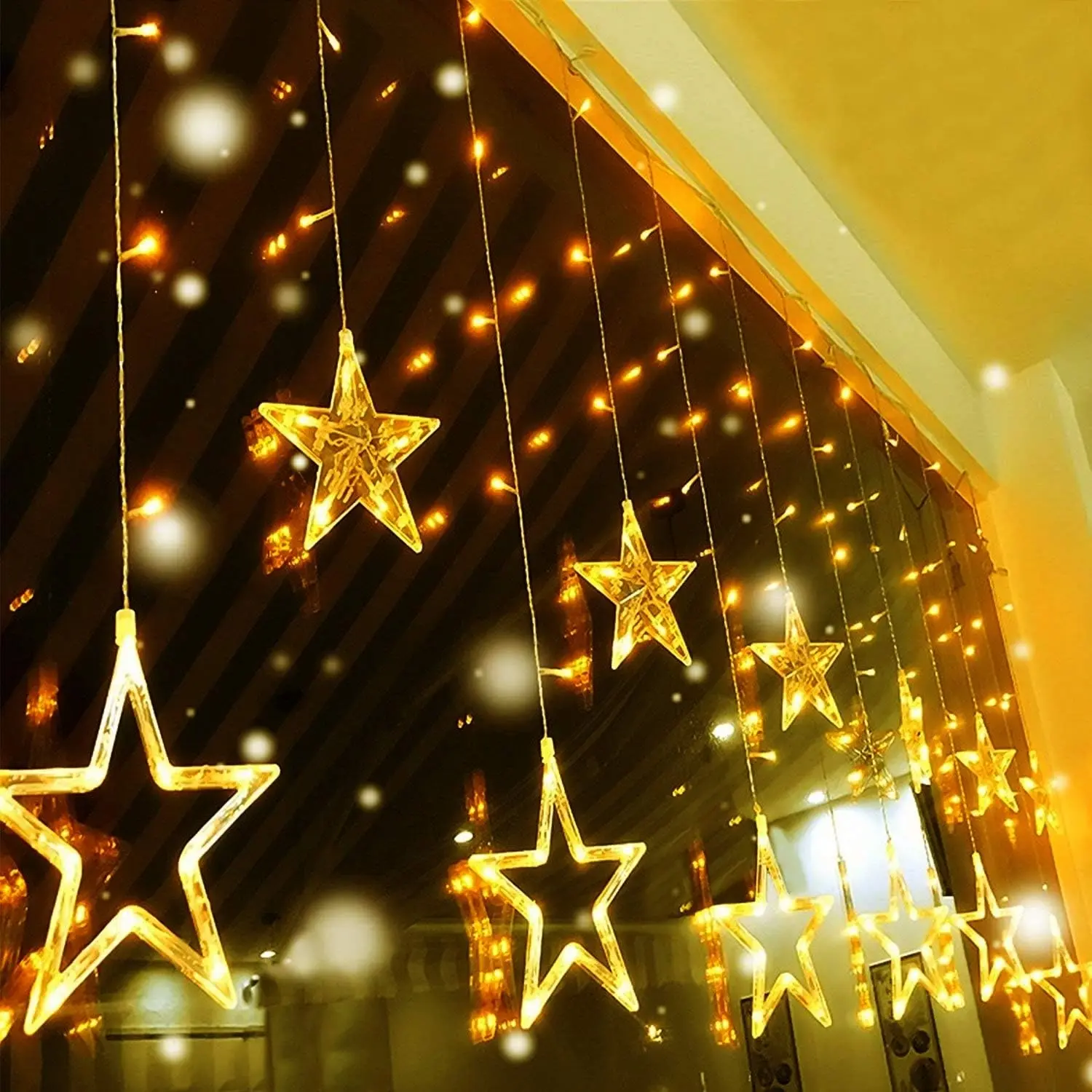 Christmas Curtain Lights 12 Stars 138 LED Window Lights Indoor LED Christmas Lights for Bedroom Wedding Party Wall Hanging Decoration Ornaments Glowing Plastic Stakes