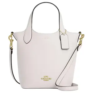COACH Hanna 17 Magnetic Closure Logo Bucket Bag for Women, Small Leather Shoulder Handbag in Chalk White