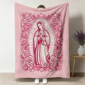 Vintage Tattoo Guadalupe Flannel Throw Blanket, Rose Flash Art Soft Warm Cozy Blanket, Statement Piece for Sofa Bedroom, Catholic Gift for Her, Nap Blanket for Office, Edgy Faith Decor