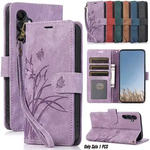 Butterfly Pattern Flip Phone Case with Wristband, 1pc PU Leather Wallet Card Slot Stand Phone Cover Casing, Phone Accessories for Samsung S25 S24 S23 FE S22 Plus Ultra, Protector, Protective, Protection, Cellphone