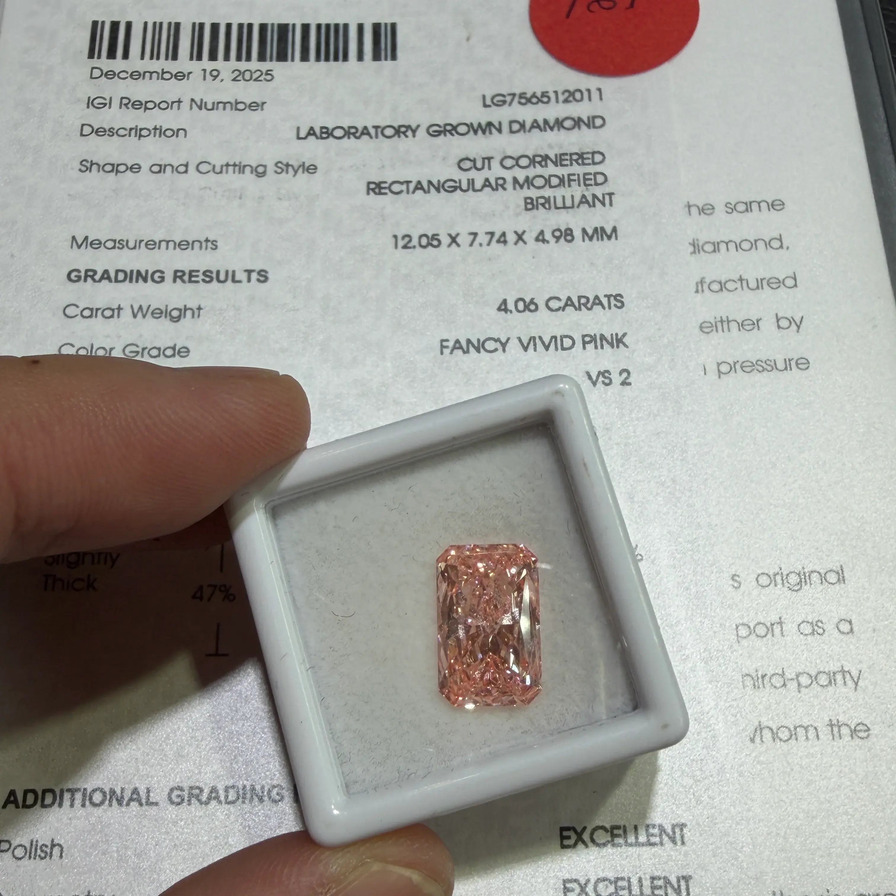 4.06ct Cut Cornered Rectangular Modified Brilliant Lab Grown Diamond (Fancy Vivid Pink, VS2, IGI Certified)